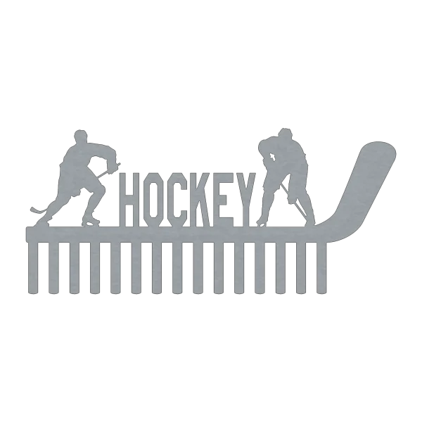 Steel wall art medal holder with two hockey players flanking the word 'Hockey'. A large hockey stick forms the base, featuring 15 hooks. Silver finish on black background.